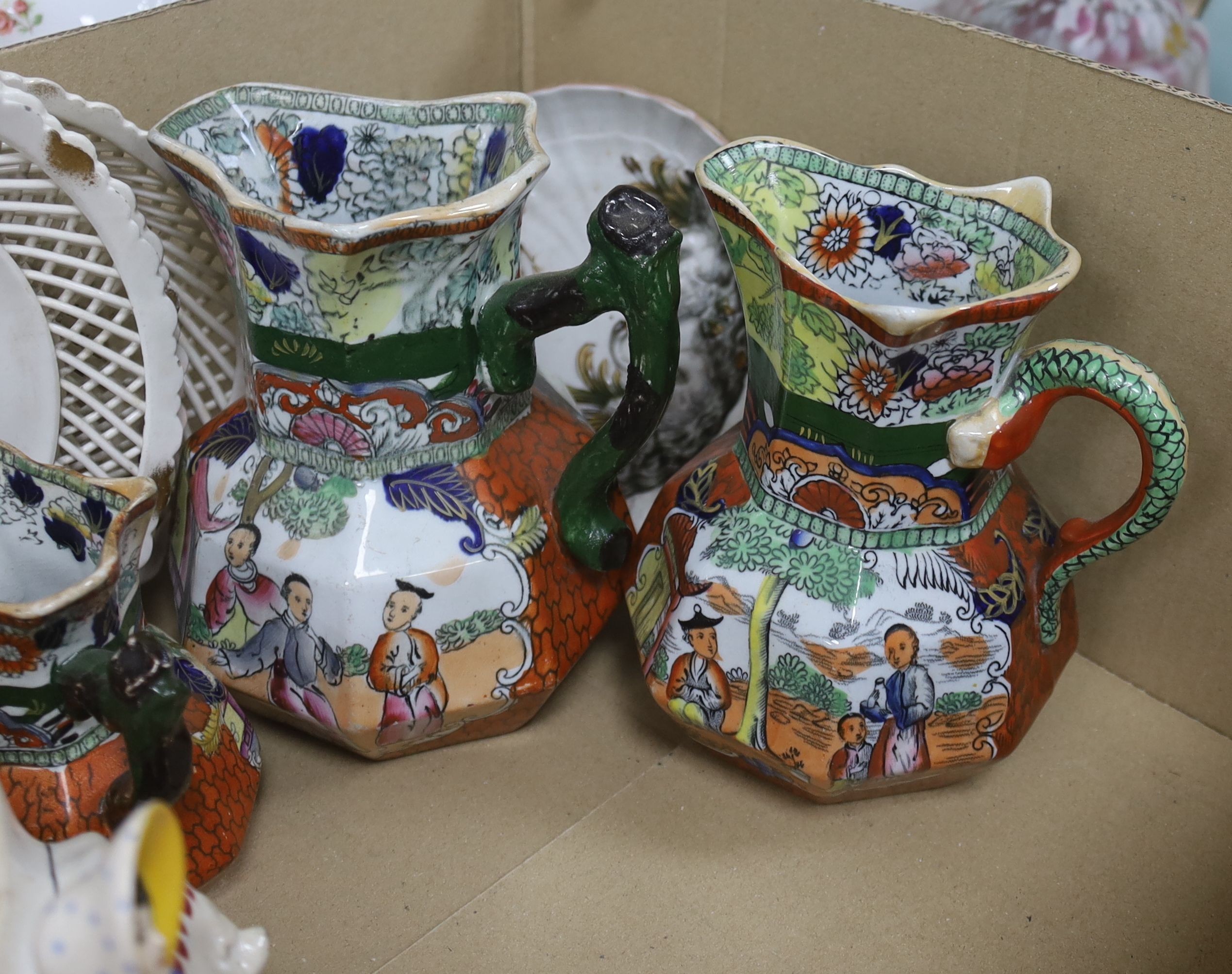 A set of five Mason's ironstone graduated jugs, c.1840 and mixed 19th century and later ceramics